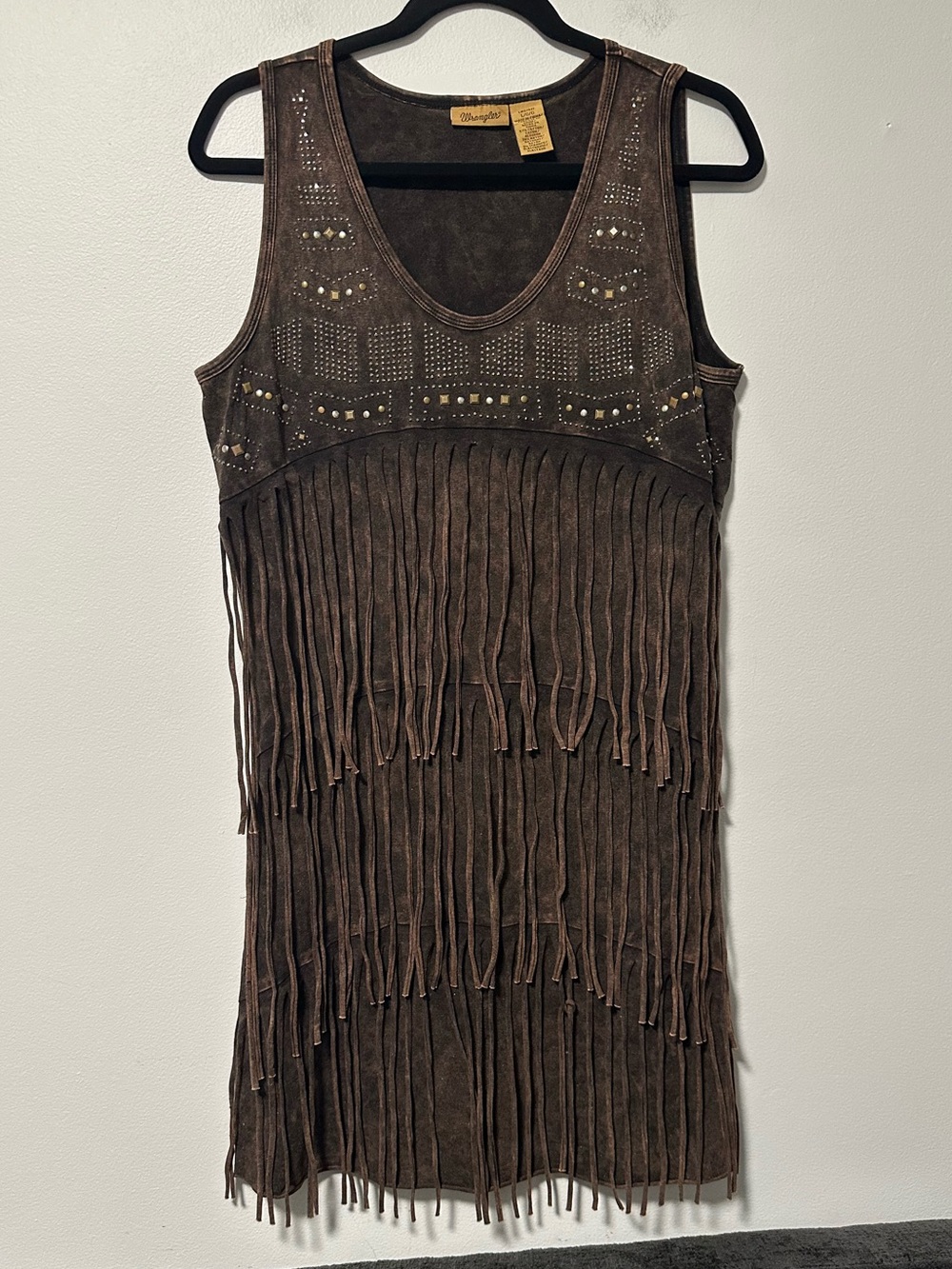NWOT Wrangler Brown Fringe Mini Dress with Stud Accents Size Large